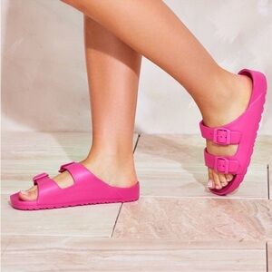PrettyLittle Thing Bright Pink Wide Fit Rubber Buckle Footbed Slides NWT